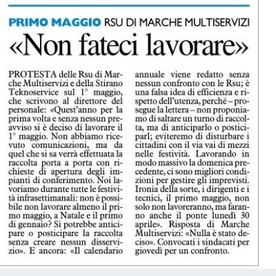 Primo Maggio al lavoro. Lettera aperta RSU igiene ambientale  Marchemultiservizi e Stirano- Teknoservice