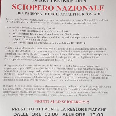 Sciopero nazionale del personale degli appalti ferroviari: presidio davanti alla Regione Marche