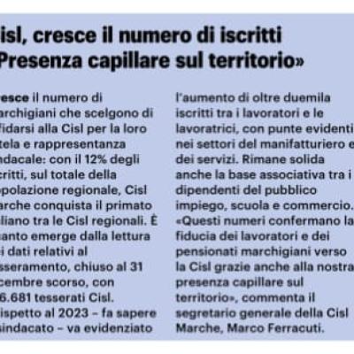 Aumento degli iscritti marchigiani alla CISL Ferracuti:  “Confermata la  fiducia  crescente verso la nostra azione di rappresentanza “