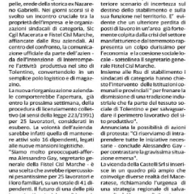 Alla Castelli di Tolentino, ex Nazareno Gabrielli,annunciati 25 esuberi Sindacati preoccupati per la dismissione del sito produttivo e il futuro dei lavoratori