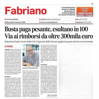 Sisma 2016 Cerreto d’Esi rimborsi IRPEF “Busta paga pesante” : l’Agenzia delle Entrate pronta a pagare e a chiudere il contenzioso promosso dalla CISL