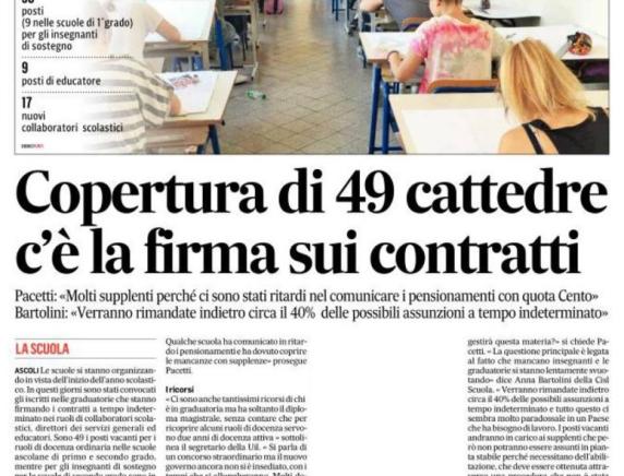 Scuola: 49 posti vacanti nell'Ascolano. Bartolini (Cisl Scuola): «Verranno rimandate indietro circa il 40% delle possibili assunzioni a tempo indeterminato»