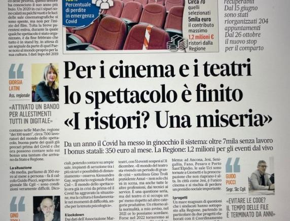 Cinema e teatri: oltre 7 mila persone senza lavoro nelle Marche