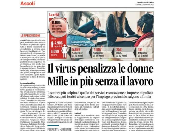 "Il virus penalizza le donne Mille in più senza il lavoro" Ferretti, Cisl Ascoli al Corriere Adriatico