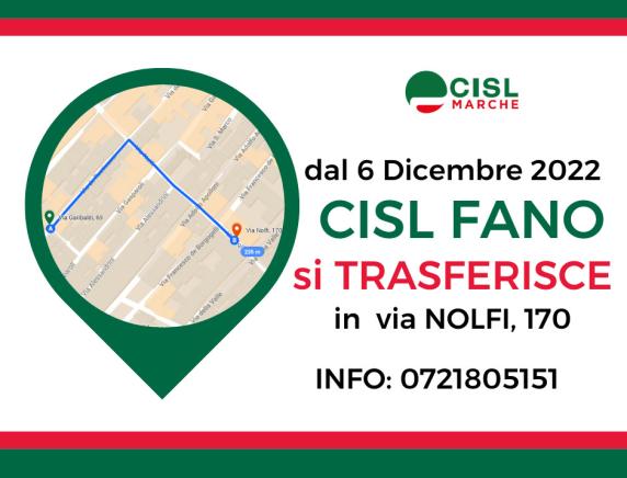 La Cisl di Fano si trasferisce: dal 6 dicembre, nuova sede in Via Nolfi 170