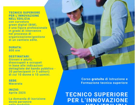 Aperte le iscrizioni al corso gratuito IFTS "Tecnico superiore per l’innovazione nell’edilizia"