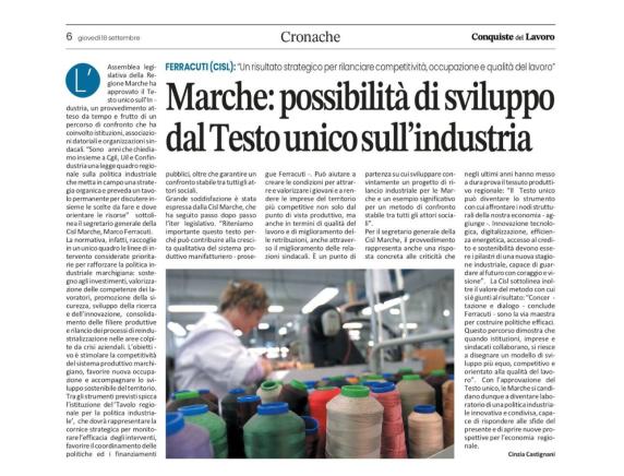 "Marche: possibilità di sviluppo dal Testo Unico sull'industria" Conquiste del Lavoro 18 settembre 2025
