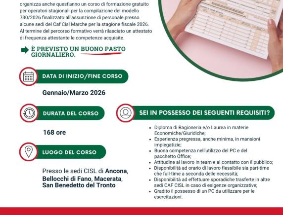 Al via le iscrizioni per il corso di formazione 2026 per operatori CAF CISL