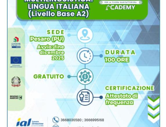 Ancora aperte le iscrizioni al corso gratuito di Competenza multilinguistica: Lingua italiana (Livello base A2) – 100 ore