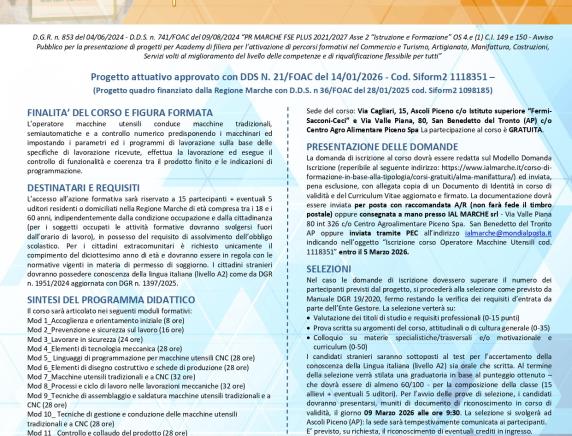 Aperte le iscrizioni al Corso IAL di Qualifica Gratuito per OPERATORE MACCHINE UTENSILI