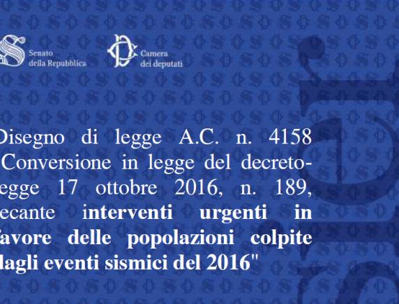 DDL conversione in legge del d.l. n. 189/2016 eventi sismici 2016