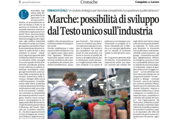 "Marche: possibilità di sviluppo dal Testo Unico sull'industria" Conquiste del Lavoro 18 settembre 2025